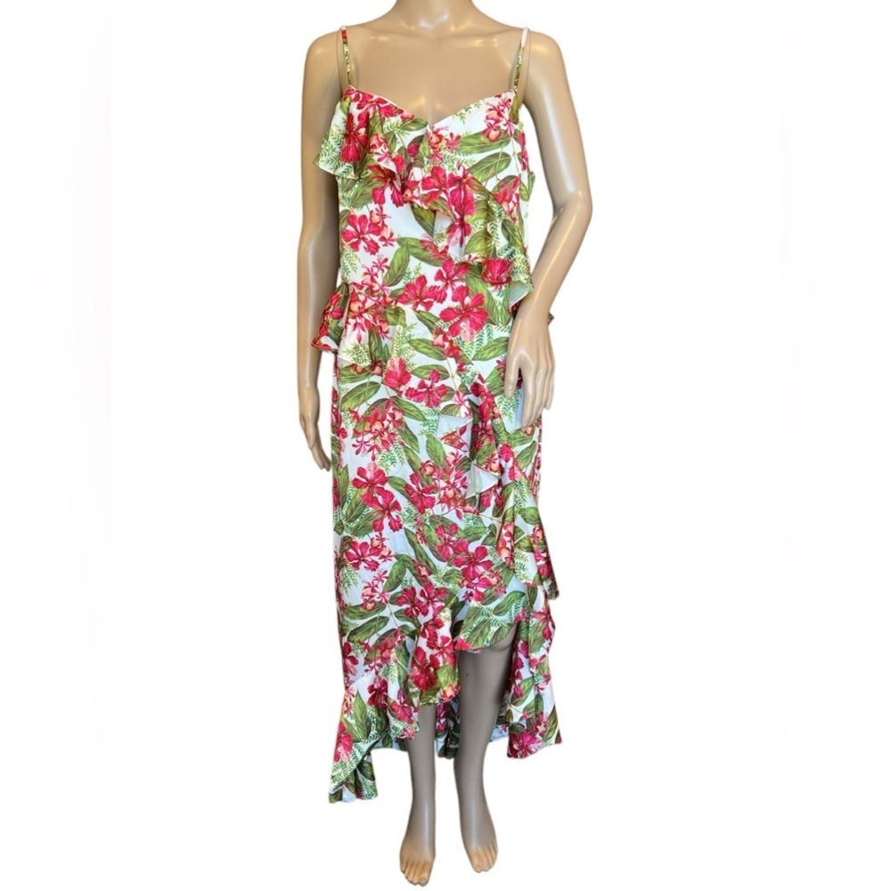 AMUR Womens Dress Deborah Tropical Floral Print Midi Ruffle High Low Size 10 - Picture 4 of 16